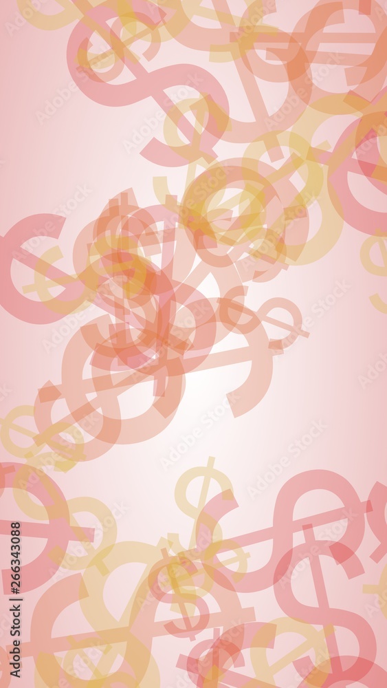 Multicolored translucent dollar signs on white background. Red tones. 3D illustration