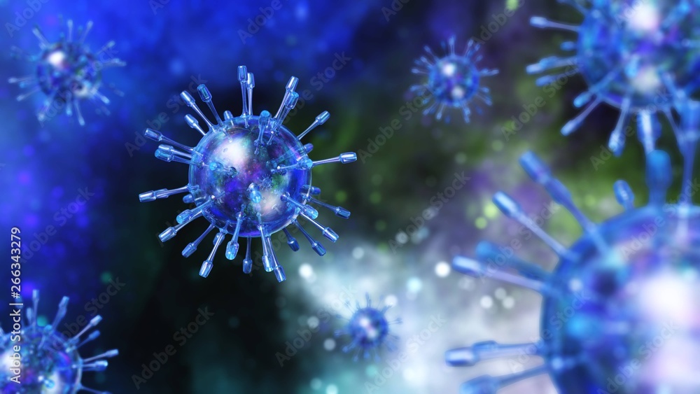 Fototapeta premium Virus close up against other viruses blurry, 3d rendering