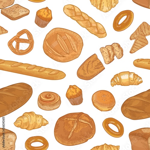 Elegant seamless pattern with different types of bread and delicious backed products on white background. Backdrop with homemade pastry. Realistic hand drawn vector illustration for textile print.