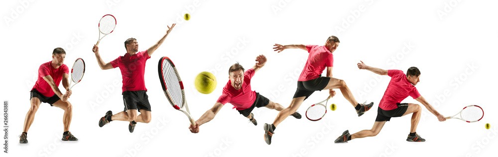 Getting higher. Caucasian young tennis player of red team in action and moving over white studio background. Concept of sport, movement, energy and dynamic, healthy lifestyle. Creative collage. Getting higher. Caucasian young tennis player of red team in action and moving over white studio background. Concept of sport, movement, energy and dynamic, healthy lifestyle. Creative collage.