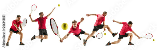 Getting higher. Caucasian young tennis player of red team in action and moving over white studio background. Concept of sport, movement, energy and dynamic, healthy lifestyle. Creative collage. © master1305