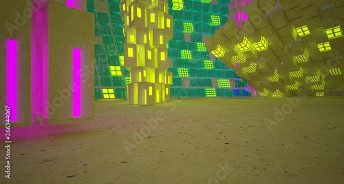 Abstract Concrete Futuristic Sci-Fi interior With Pink And Yellow Glowing Neon Tubes . 3D illustration and rendering.