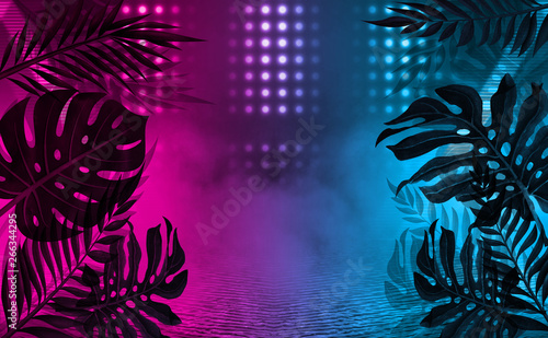 Background of empty dark scenes with neon lights and shapes, smoke. Silhouettes of tropical leaves in the foreground © Laura Сrazy