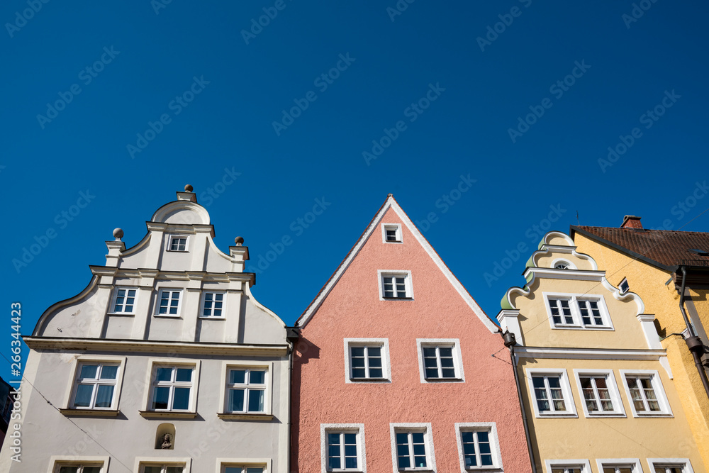 colorful gable houses against blue sky, in Donauworth, Germany