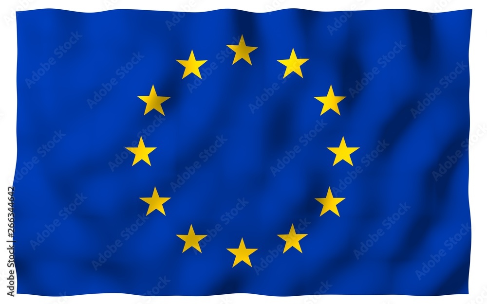 Slightly waving flag of the European Union isolated on white background, 3D rendering. Symbol of Europe. 3D illustration Slightly waving flag of the European Union isolated on white background, 3D rendering. Symbol of Europe. 3D illustration
