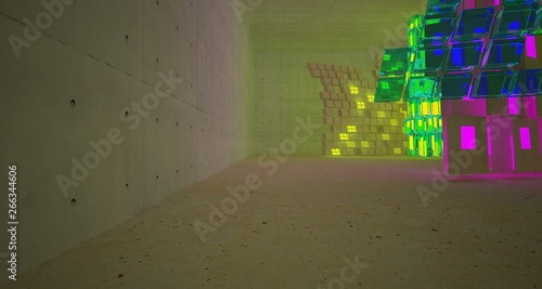 Abstract Concrete Futuristic Sci-Fi interior With Pink And Yellow Glowing Neon Tubes . 3D illustration and rendering.