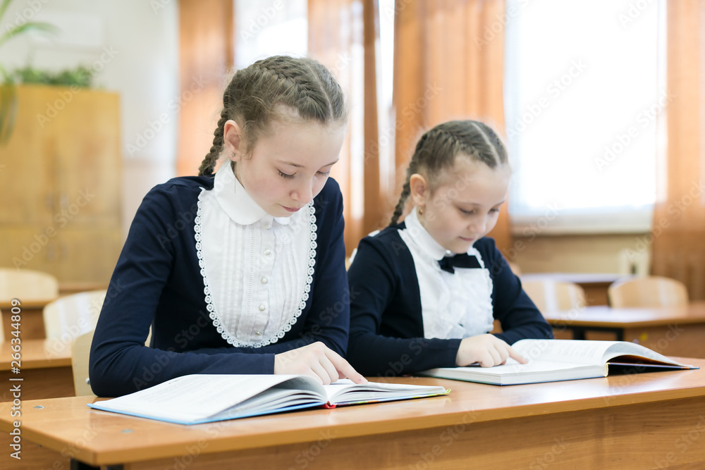 Children write while sitting at the school desk. Schoolgirl girls write in a notebook while sitting at a desk in a classroom at school. Hair braided in braids. Children write while sitting at the school desk. Schoolgirl girls write in a notebook while sitting at a desk in a classroom at school. Hair braided in braids.