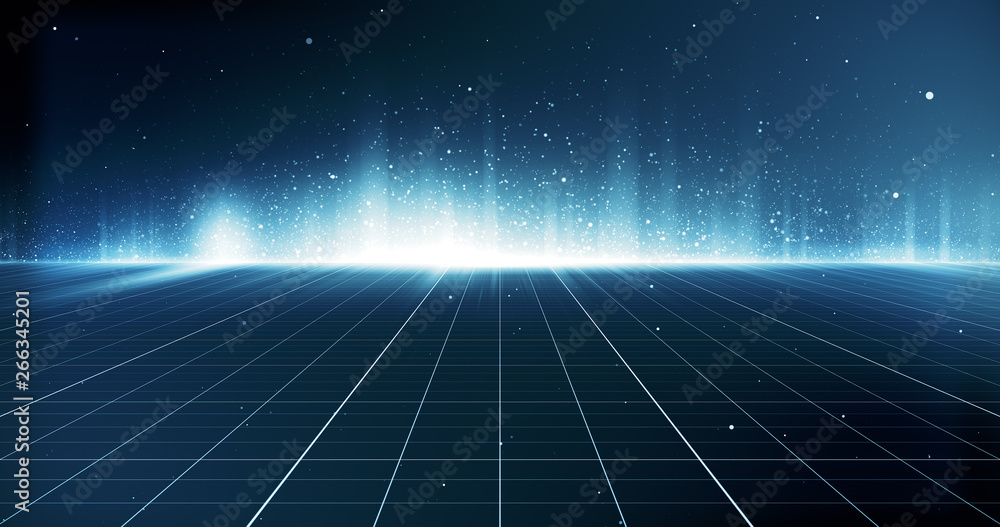 Futuristic digital grid and particles abstract cyber technology environment background. 3D Illustration. - obrazy, fototapety, plakaty 