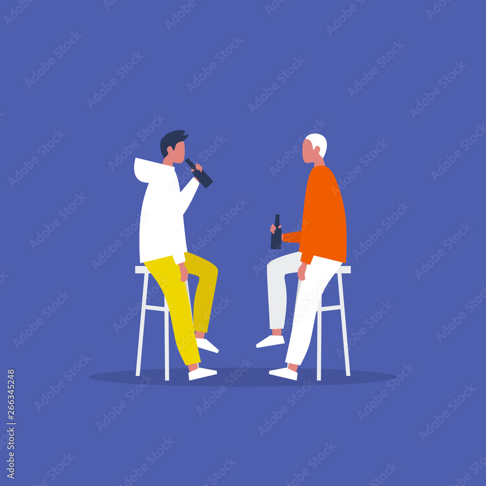Young male characters drinking beer and lemonade in a pub. Friday night. After work. Leisure. Flat editable vector illustration, clip art