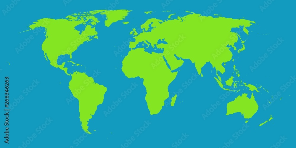 Green world map isolated on blue background. Globe worldmap icon. Template design for worldwide travel, infographics or website.