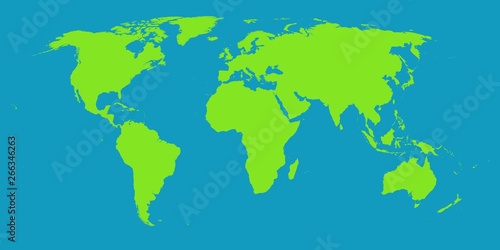 Green world map isolated on blue background. Globe worldmap icon. Template design for worldwide travel, infographics or website.