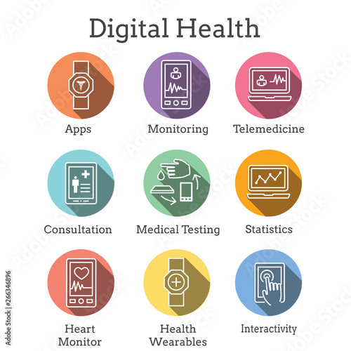 Digital Health Icon Set with Wearable Technology Web Header Banner
