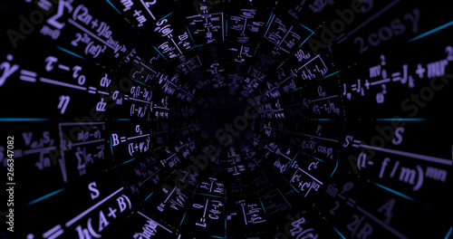 Endless tunnel of scientific formulas. Futuristic visualization of the science motion.