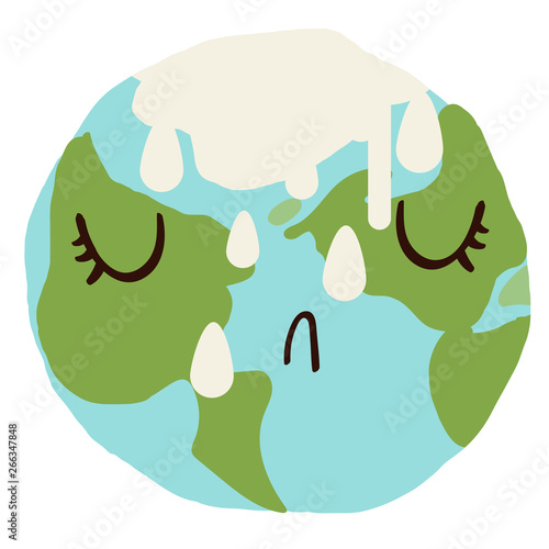 Sad cute planet earth crying with ice melting down. Global warming climate change concept vector illustration isolated on white.