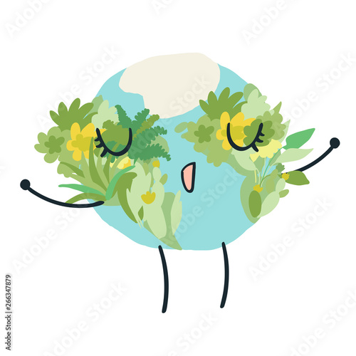 Happy cute planet earth breathing deeply with a lot of green forests. Global warming climate change concept vector illustration isolated on white.