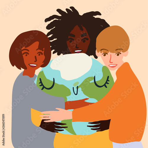 Happy cute planet earth being hug by diverse people. Global warming climate change concept vector illustration isolated on white.
