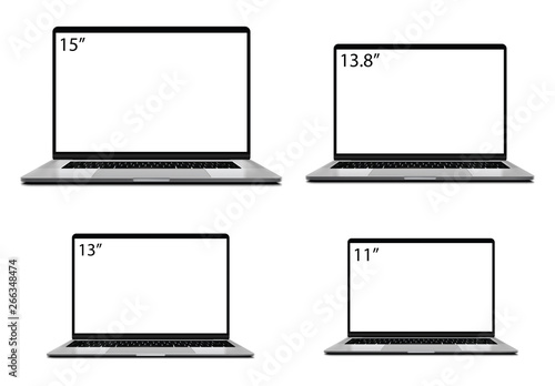 Modern Laptop Mockup Set – 4 Frameless Sizes with Blank Screen Isolated on White Background