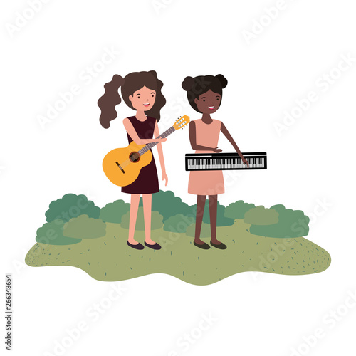 women with musical instruments in landscape