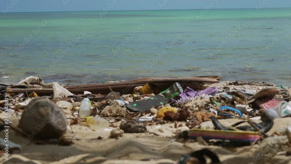 Garbage, plastic bottles and rubbish dumped at the beach near water and palms. Environmental pollution problem concept Garbage, plastic bottles and rubbish dumped at the beach near water and palms. Environmental pollution problem concept