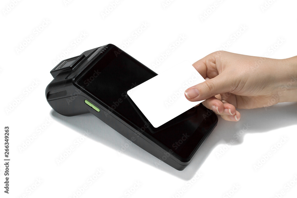 Paying with plastic contactless credit or debit card.  Closeup, mockup white credit card for design.