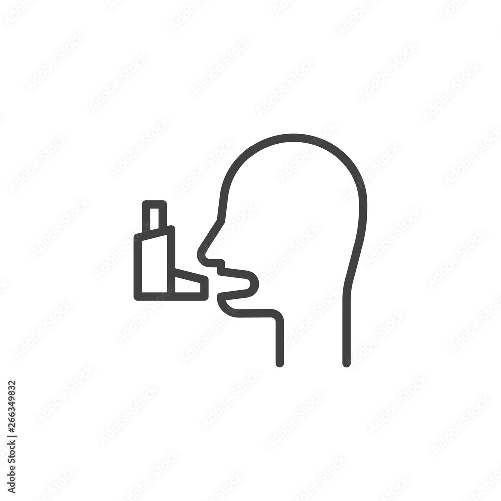 Bronchial asthma line icon. Man and inhaler linear style sign for mobile concept and web design. Asthma attack outline vector icon. Symbol, logo illustration. Pixel perfect vector graphics Bronchial asthma line icon. Man and inhaler linear style sign for mobile concept and web design. Asthma attack outline vector icon. Symbol, logo illustration. Pixel perfect vector graphics