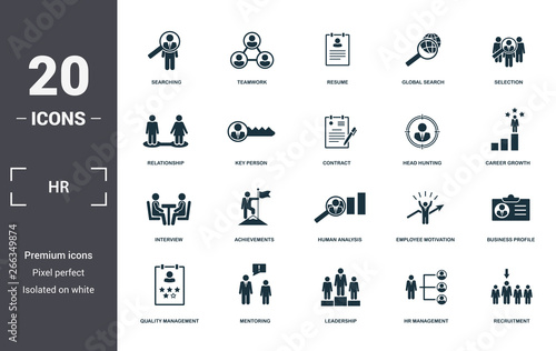 Human Resources icons set collection. Includes simple elements such as Searching, Teamwork, Resume, Global Search, Selection, Achievements and Human Analysis premium icons