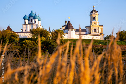 Vysotsky Monastery in the Serpukhov, Moscow Region, Russia. Beautiful scenery through the tall dry grass at sunset photo