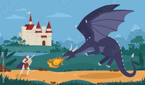 Brave knight or swordsman fighting with dragon against medieval castle on background. Legendary hero struggle against evil monster. Scene from fairytale or legend. Flat cartoon vector illustration.