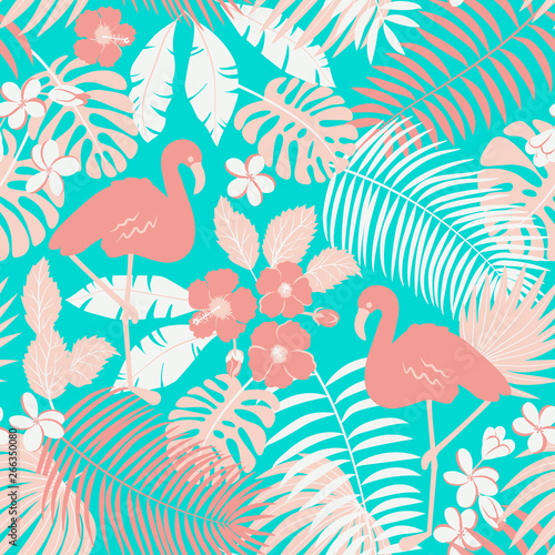 Tropic seamless pattern with flamingo, palms and flowers