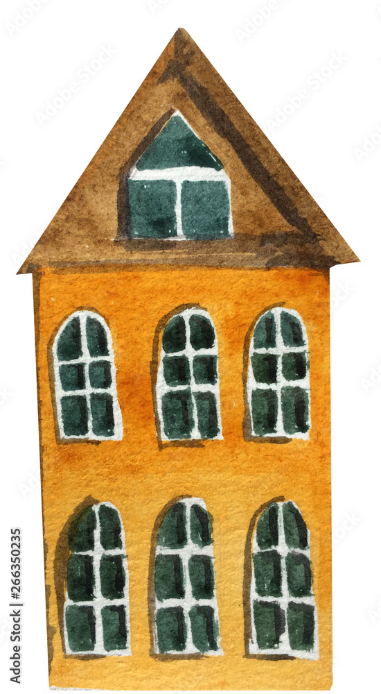 Obraz premium Cartoon two-story house with large windows on a white background. watercolor illustration for design