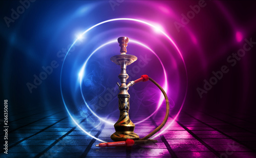 Hookah, smoke on a dark abstract background. Background of empty scenes with multicolored neon lights, reflection of night lights on wet pavement