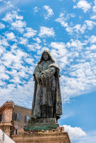 Photography Campo de Fiori square, traditional weekly foodmarket, Giordano Bruno statue, Rom
