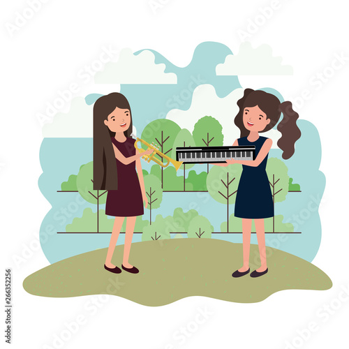 women with musical instruments in landscape