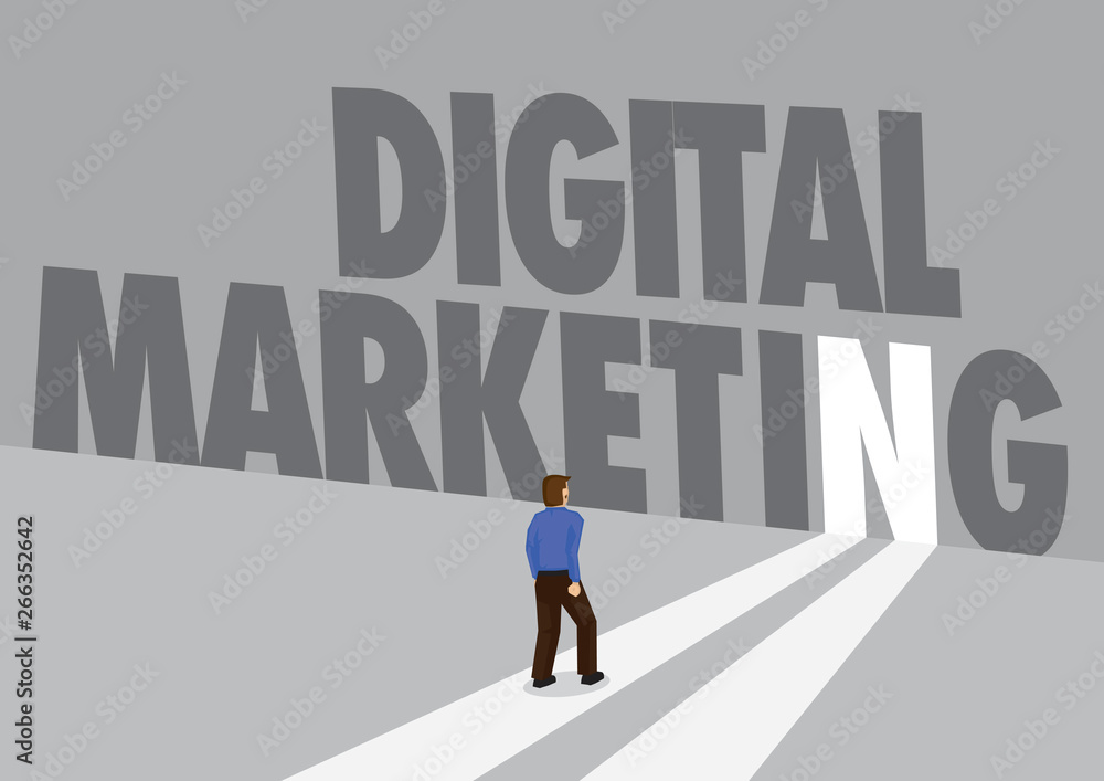 Businessman walking towards a light path with the text marketing. Business marketing concept of disruption, promotion or challenges. Vector illustration.. Businessman walking towards a light path with the text marketing. Business marketing concept of disruption, promotion or challenges. Vector illustration..