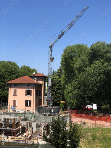 Building under construction with a crane