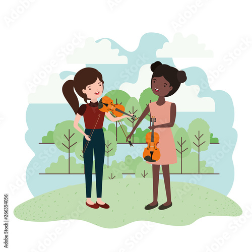 women with musical instruments in landscape
