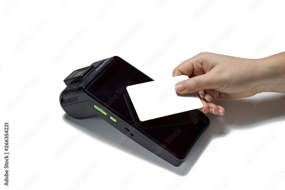 Contactless pay by credit card at the swipe card machine. Closeup, isolated, mockup. Contactless pay by credit card at the swipe card machine. Closeup, isolated, mockup.