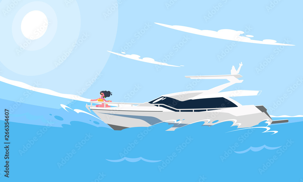 Realistic flat style illustration of the white motor yacht on the water. Modern boat image on the background of a sea landscape. Realistic flat style illustration of the white motor yacht on the water. Modern boat image on the background of a sea landscape.