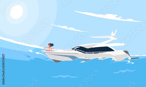 Realistic flat style illustration of the white motor yacht on the water. Modern boat image on the background of a sea landscape.