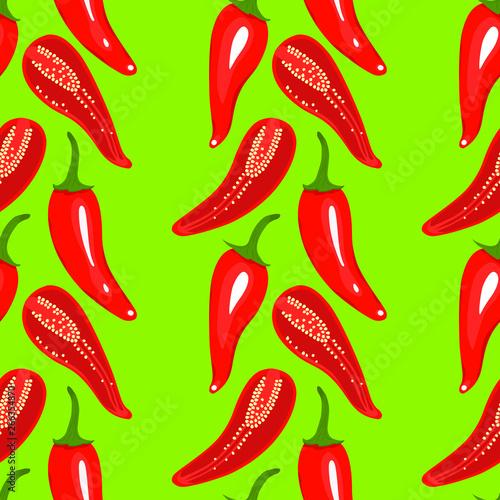 Red chilli pepper seamless pattern. Colorful peppers isolated on green background.