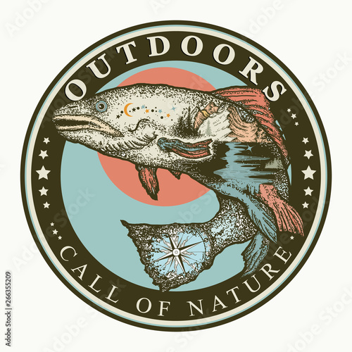 Outdoor. Call of nature slogan. Symbol of tourism and travel. Salmon double exposure