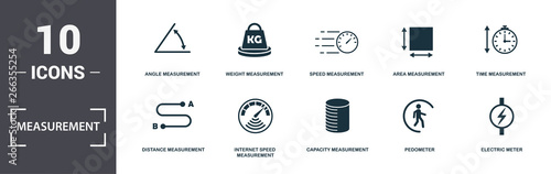 Measurement icons set collection. Includes simple elements such as Angle Measurement, Weight Measurement, Speed Measurement, Area Measurement, Time Measurement, Internet Speed Measurement and Capacity