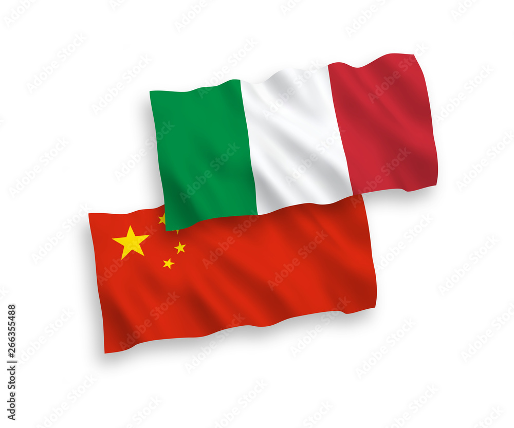 National vector fabric wave flags of Italy and China isolated on white background. 1 to 2 proportion.