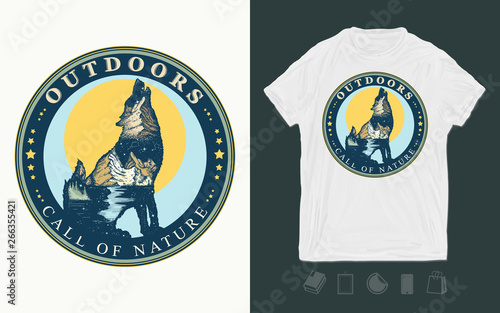 Wolf double exposure. Outdoors, call of nature slogan. Print for t-shirts and another, trendy apparel design