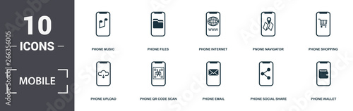 Mobile App icons set collection. Includes simple elements such as Phone Music, Phone Files, Phone Internet, Pnone Navigator, Phone Shopping, Phone Qr Code Scan and Phone Email premium icons