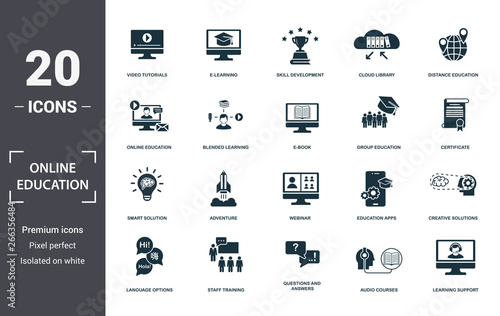 Online Education icons set collection. Includes simple elements such as Video Tutorials, E-Learning, Skill Development, Cloud Library, Distance Education, Adventure and Webinar premium icons