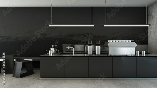 Cafe shop  Restaurant design Minimalist  Counter black metal Top counter metal   Wall grey gradient black color  concrete floors -3D render