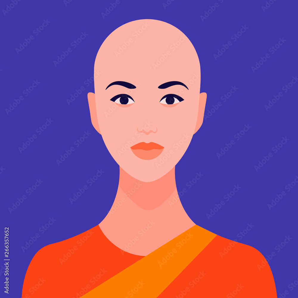 Avatar is a young Buddhist nun. Portrait of a bald Indian woman. Vector flat illustration