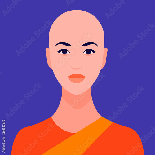 Avatar is a young Buddhist nun. Portrait of a bald Indian woman. Vector flat illustration