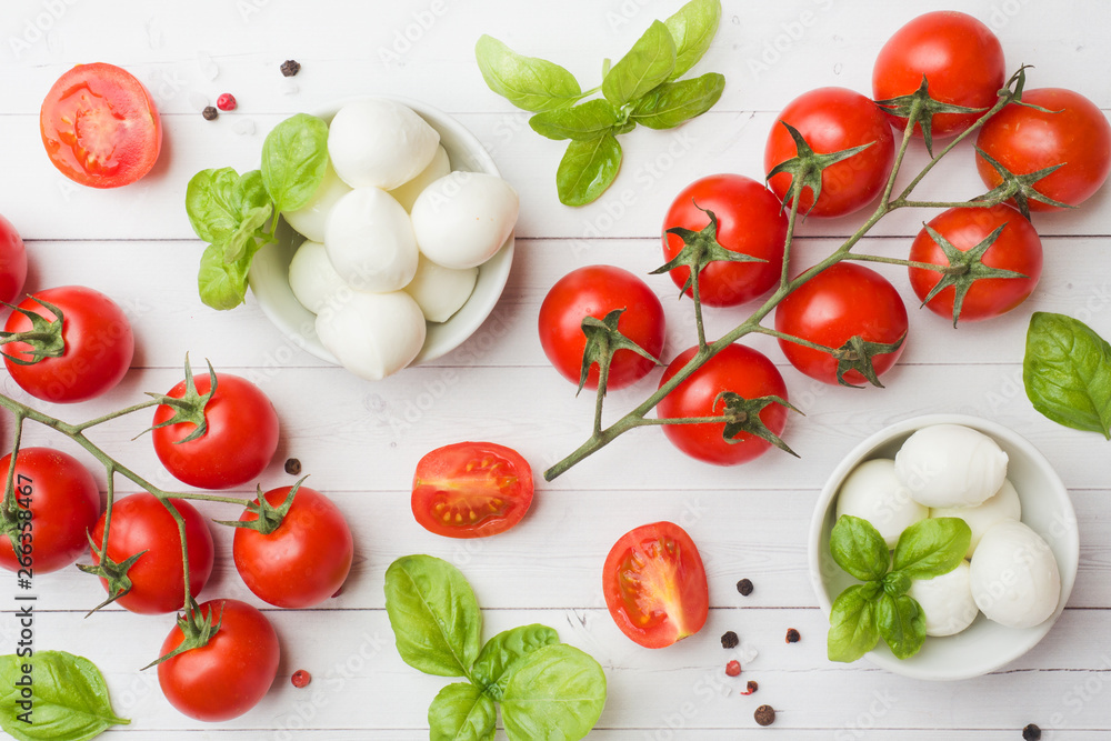 The ingredients for a Caprese salad. Basil, mozzarella balls and tomatoes on a white background with copy space. The ingredients for a Caprese salad. Basil, mozzarella balls and tomatoes on a white background with copy space.